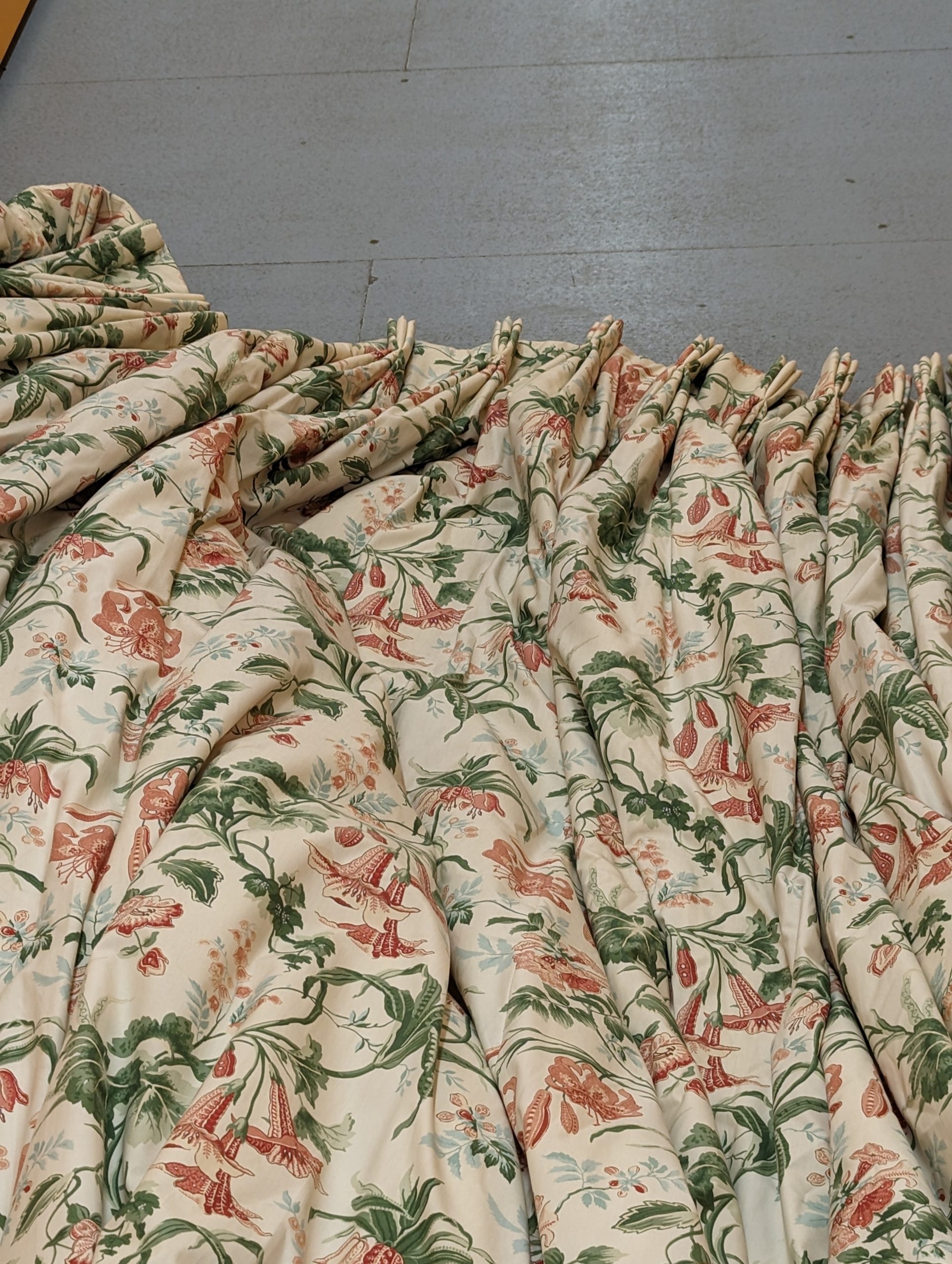 Wide Cream Floral Curtains with Pinch Pleats & Interlining