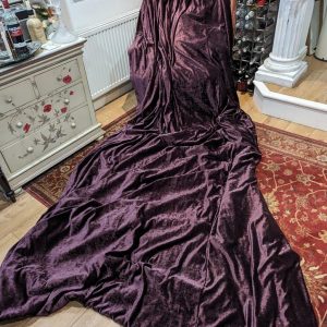 Very Long Thick Damson Velvet Second-Hand Curtains with 6ins Pencil Pleats and Interlining