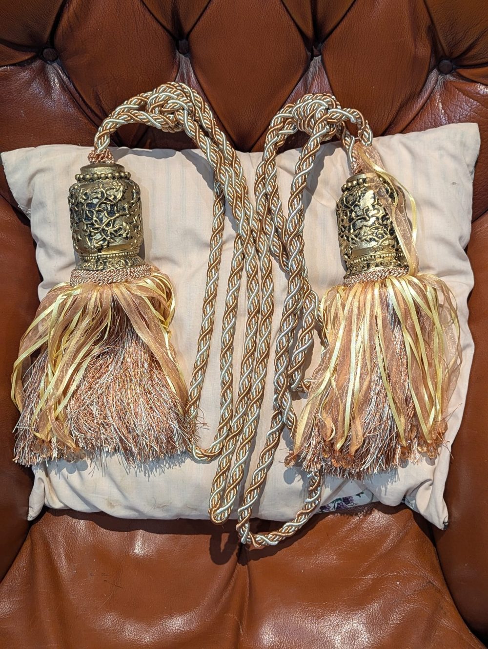 Glamorous Cream and Peach Spanish Rope & Tassel Tie-backs