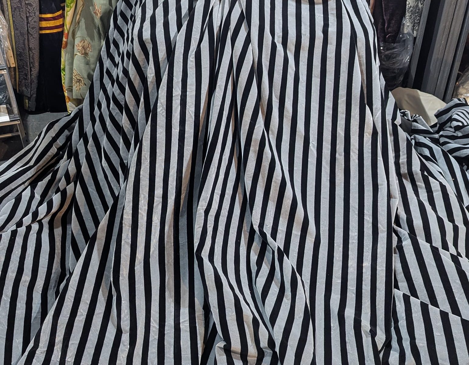 Extra Wide Black & Grey Stripes Velvet Second-Hand Curtain W568 D249