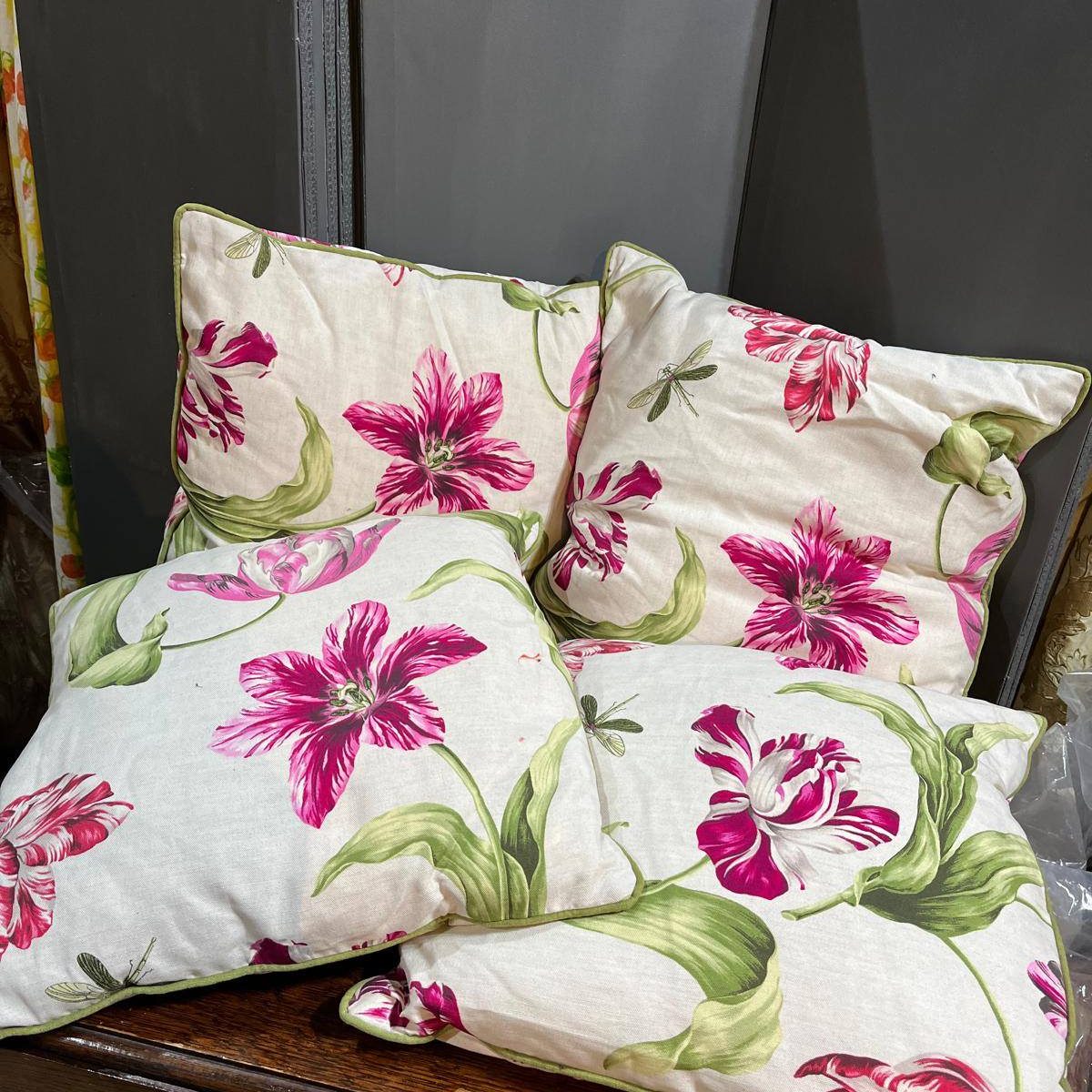 Four Cream Artemest Peca Floral Cushions with Green Piping
