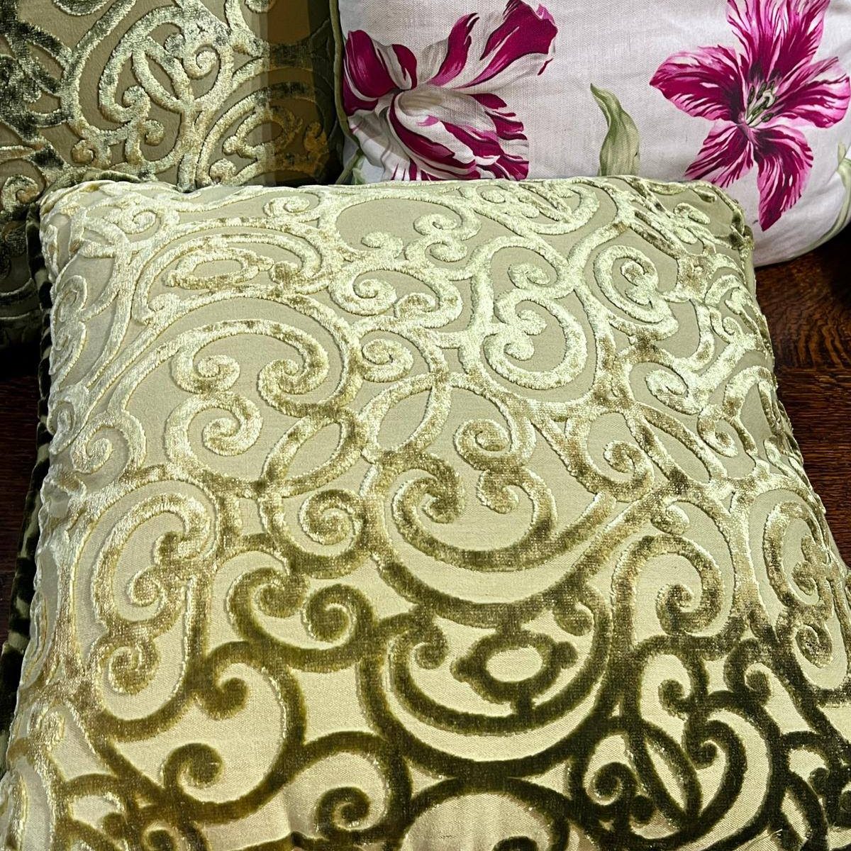 Three Pairs Dark Green Embossed Velvet Cushions with Piping 48cms x 48cms