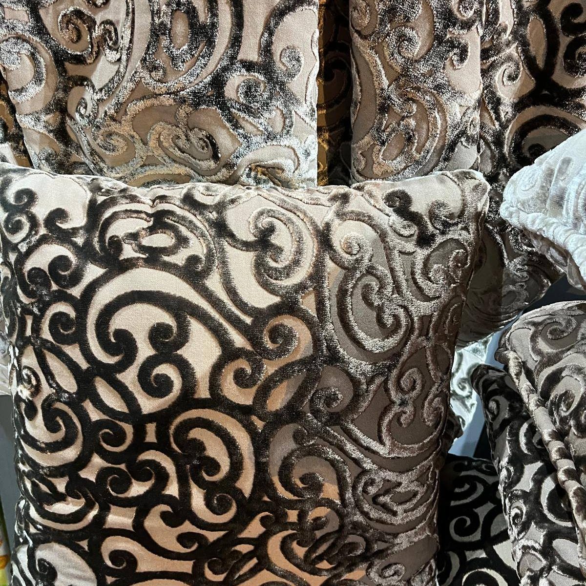 Six Lovely Dark Brown Embossed Velvet Cushions with Piping 50cms x 50cms