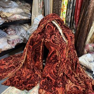 2 Pairs Superb Antique Burnt Orange Cut Velvet Second-Hand Curtains – W154 D257
