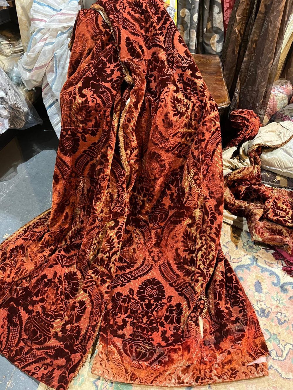 2 Pairs Superb Antique Burnt Orange Cut Velvet Second-Hand Curtains - W154 D257 - Image 7