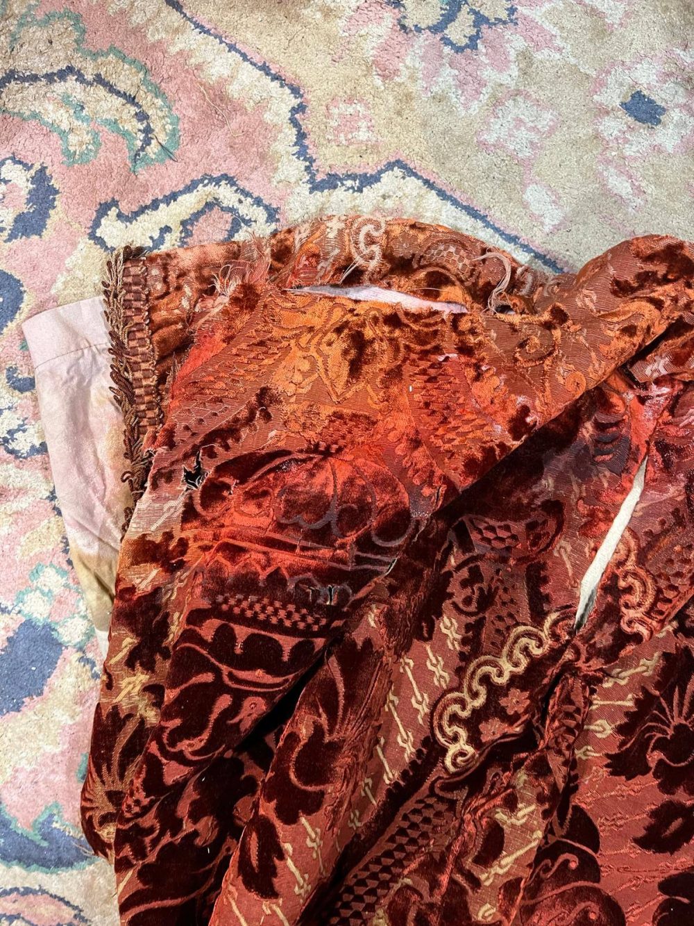 2 Pairs Superb Antique Burnt Orange Cut Velvet Second-Hand Curtains - W154 D257 - Image 6
