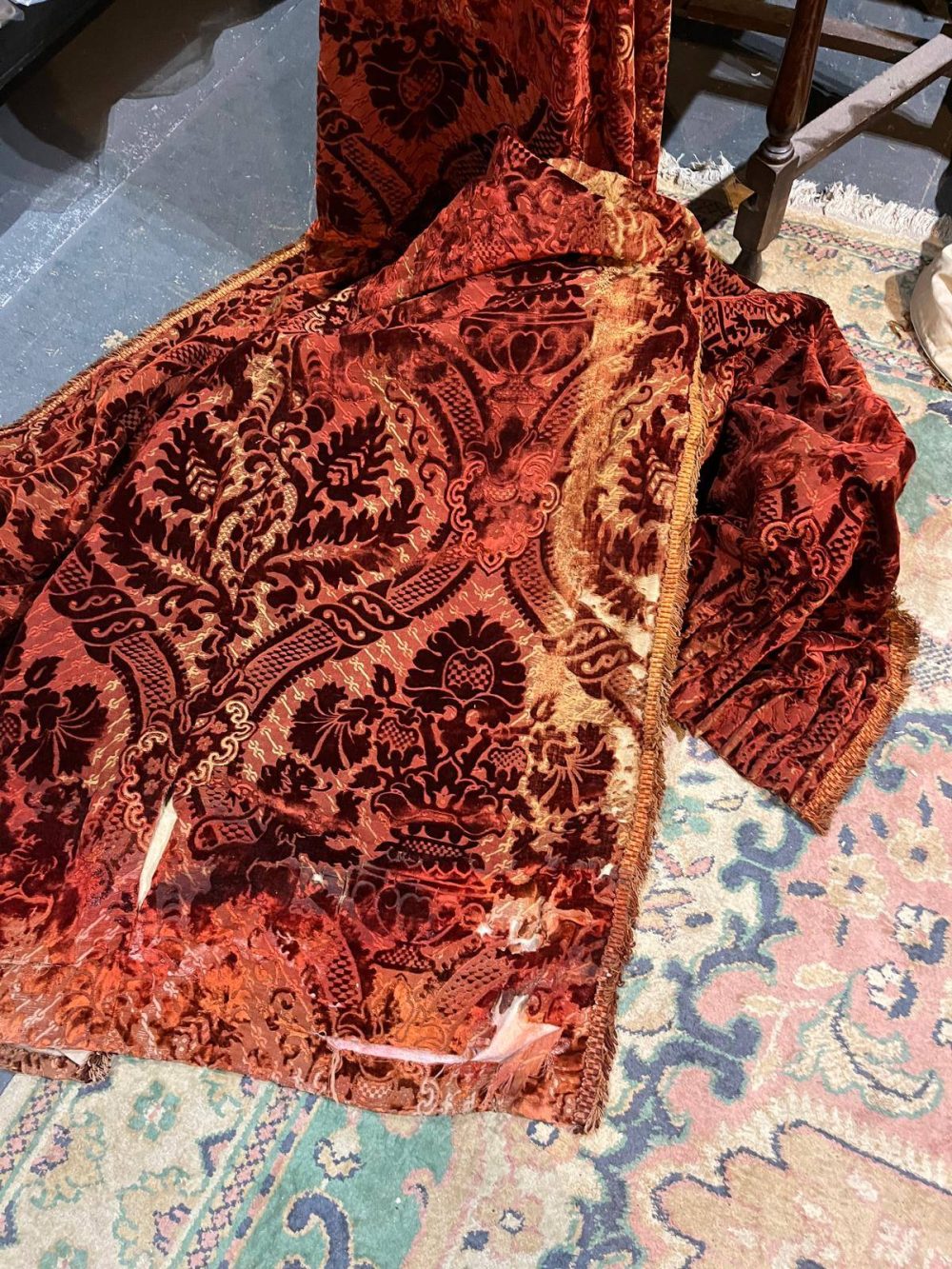 2 Pairs Superb Antique Burnt Orange Cut Velvet Second-Hand Curtains - W154 D257 - Image 5