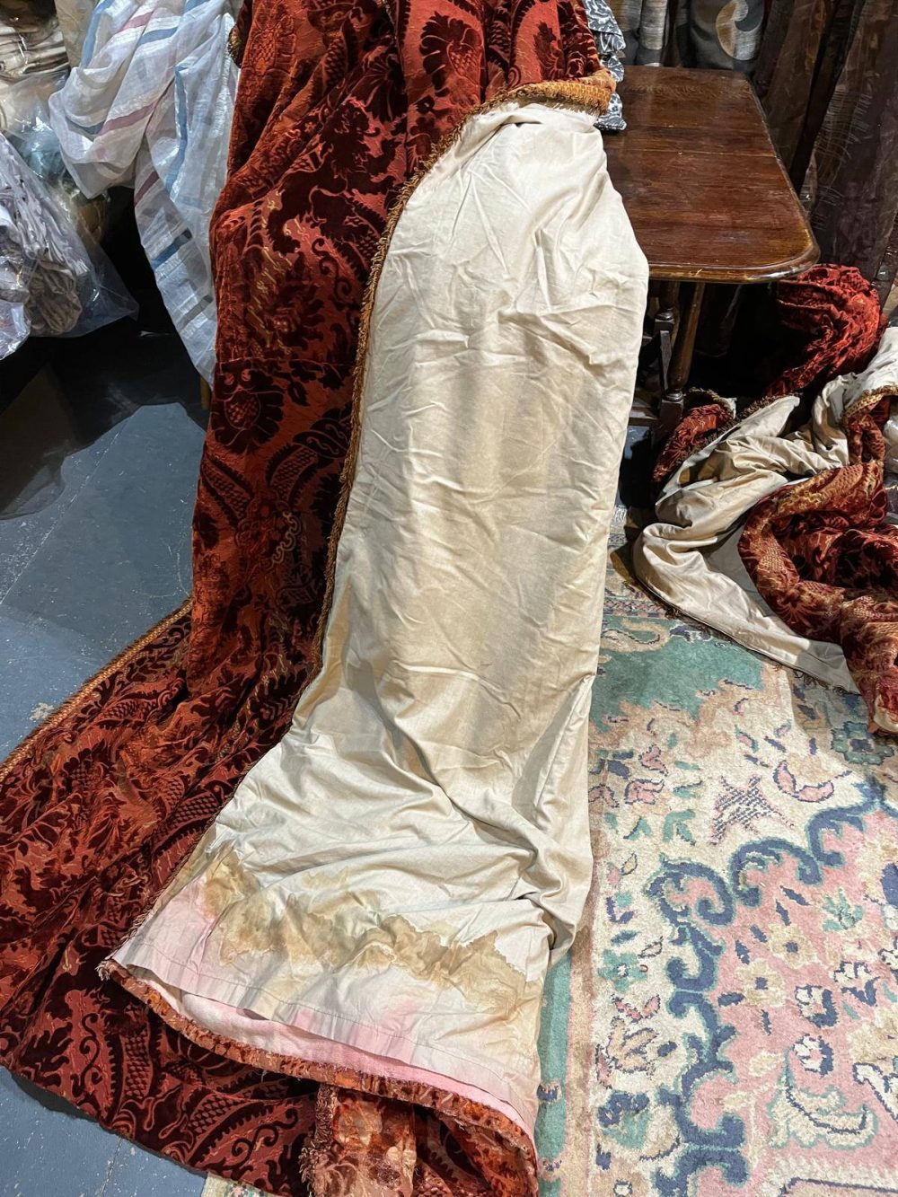 2 Pairs Superb Antique Burnt Orange Cut Velvet Second-Hand Curtains - W154 D257 - Image 4