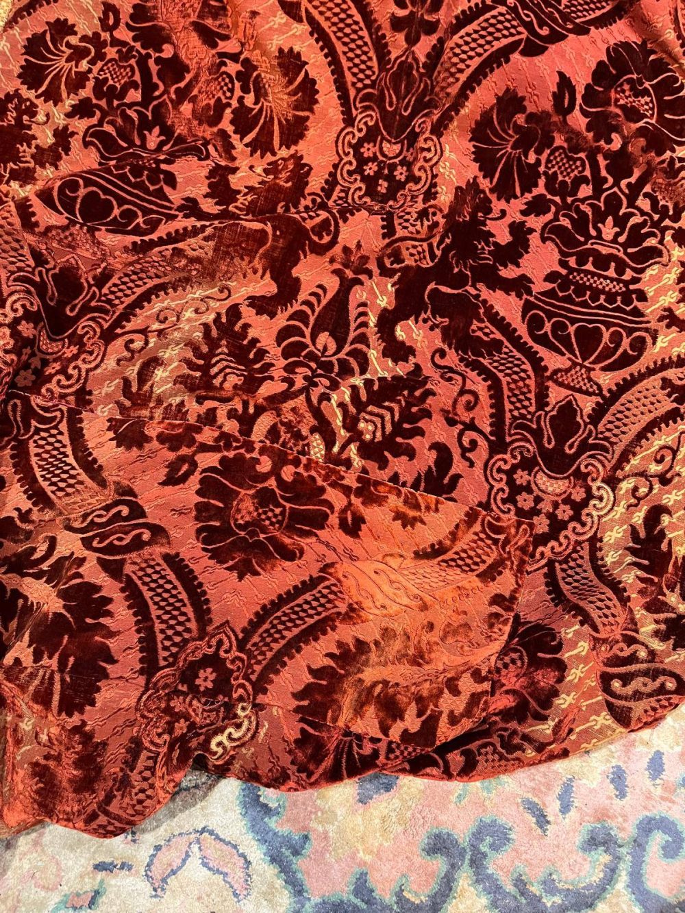 2 Pairs Superb Antique Burnt Orange Cut Velvet Second-Hand Curtains - W154 D257 - Image 2