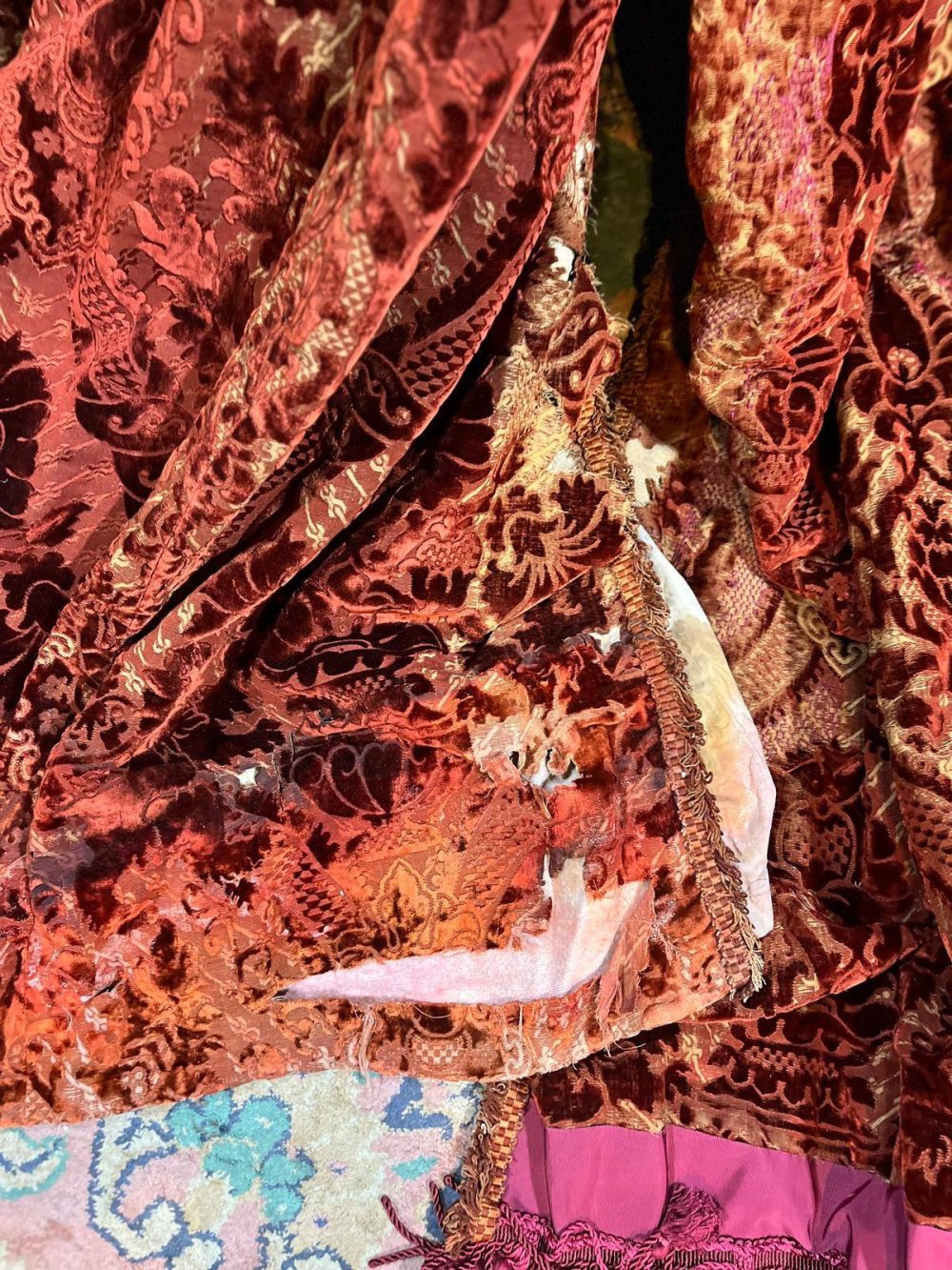 2 Pairs Superb Antique Burnt Orange Cut Velvet Second-Hand Curtains - W154 D257 - Image 15