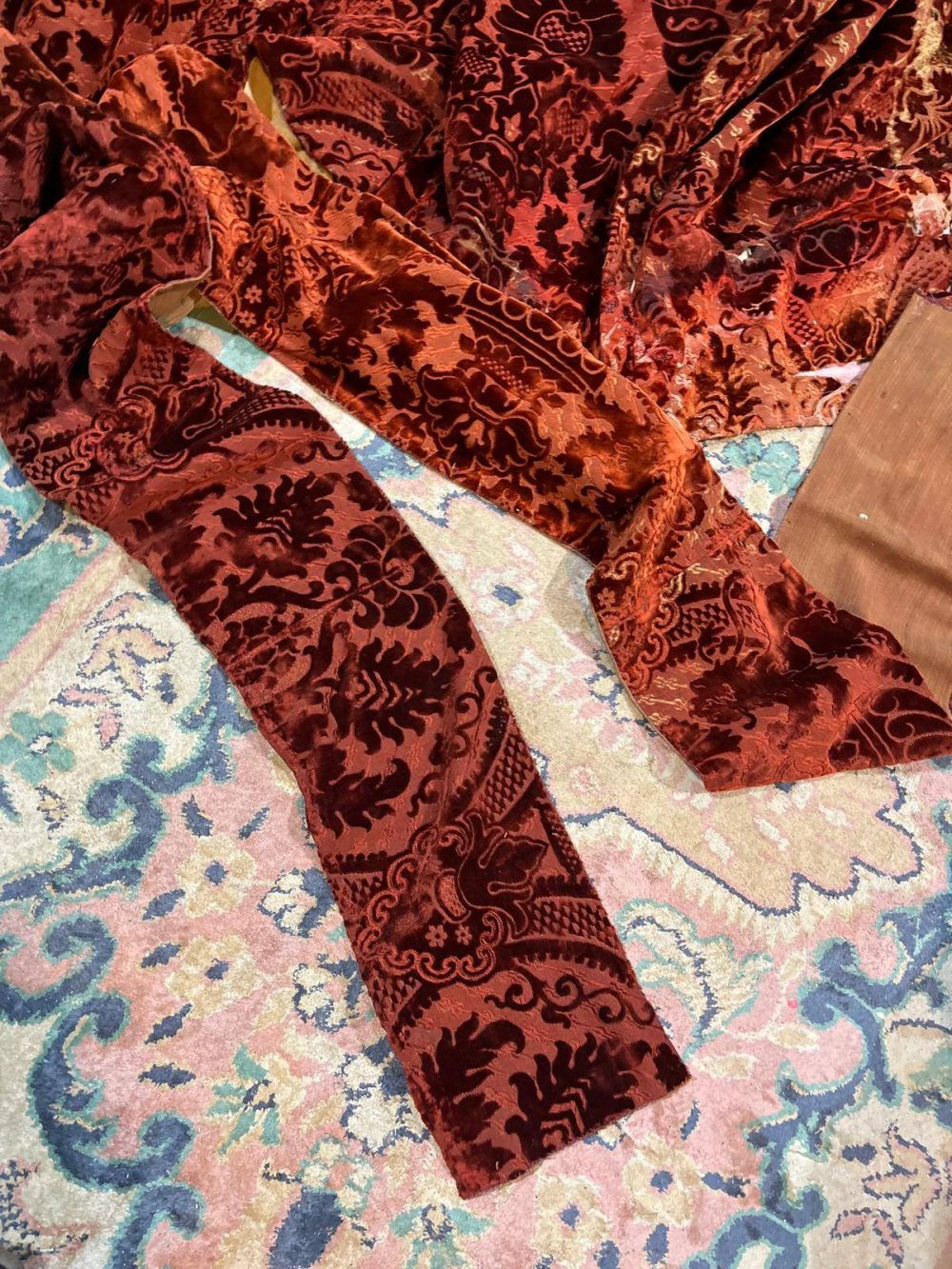 2 Pairs Superb Antique Burnt Orange Cut Velvet Second-Hand Curtains - W154 D257 - Image 13