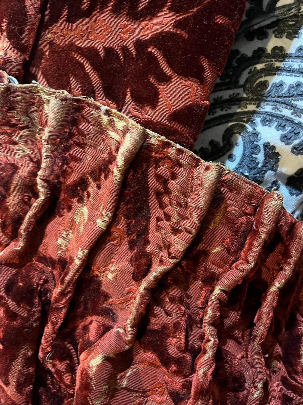 2 Pairs Superb Antique Burnt Orange Cut Velvet Second-Hand Curtains - W154 D257 - Image 11
