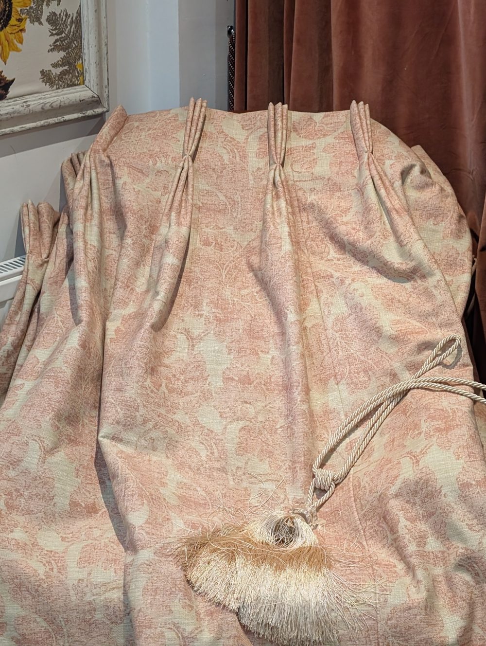 Pink & Cream Linen Harlequin 'Oriella' Second-hand Curtains W320 D230 - Image 3