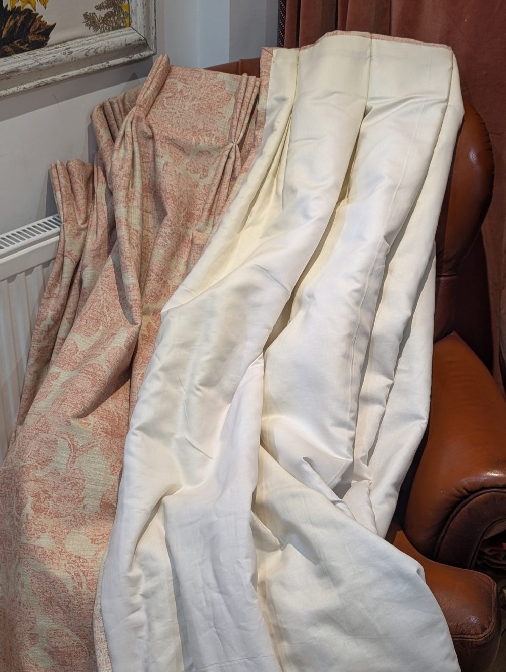 Pink & Cream Linen Harlequin 'Oriella' Second-hand Curtains W320 D230 - Image 7