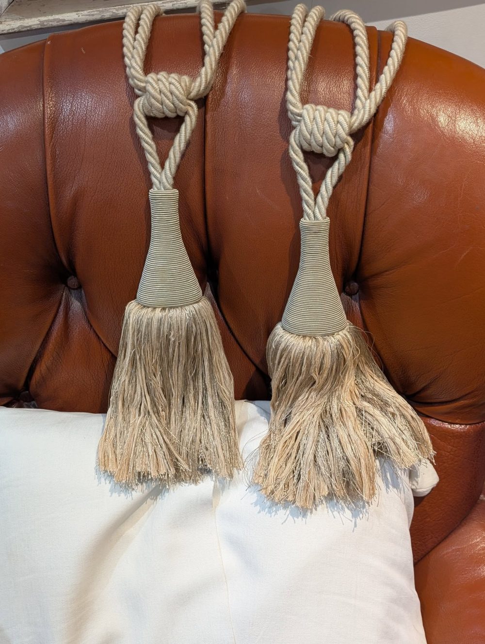 Beige Rope and Tassel Tie-Backs with interwoven gold threads - 2 Pairs Available - Image 3