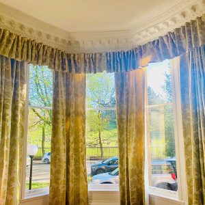 Cream and Green Sateen Pencil Pleat Second-Hand Curtains - 2 Pairs Available