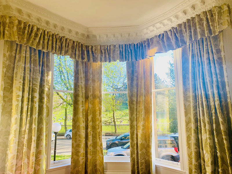 Cream and Green Sateen Pencil Pleat Second-Hand Curtains - 2 Pairs Available