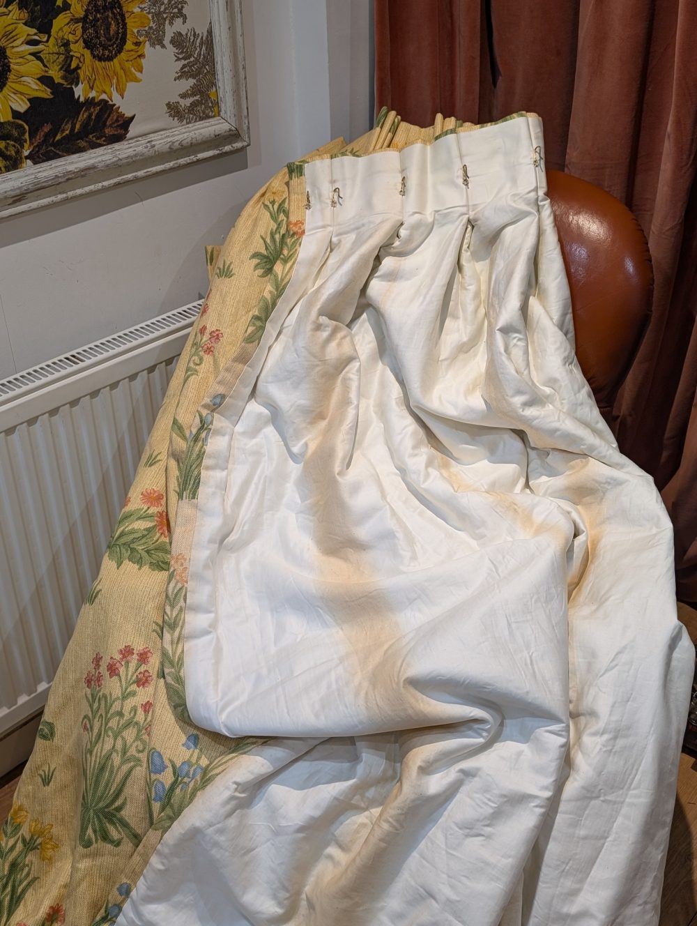 Great Value Vintage Yellow with Flowers Pinch Pleat Second-hand Curtains W270 D256 - Image 7