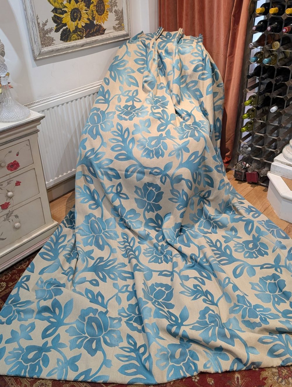 Laura Ashley Ellington Teal Jacquard Second-Hand Curtains W188 D270 - 2 identical Pairs Available