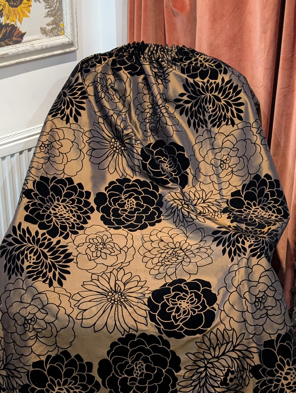 Black and Tan Leaf Pattern Pencil Pleat Second-Hand Curtains W135 D300 - Image 7