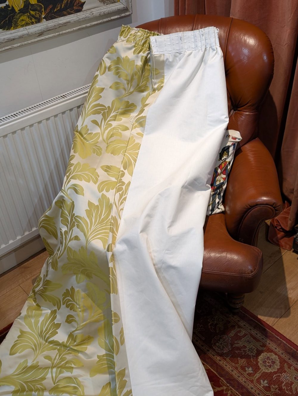 Cream and Green Sateen Pencil Pleat Second-Hand Curtains - 2 Pairs Available - Image 4