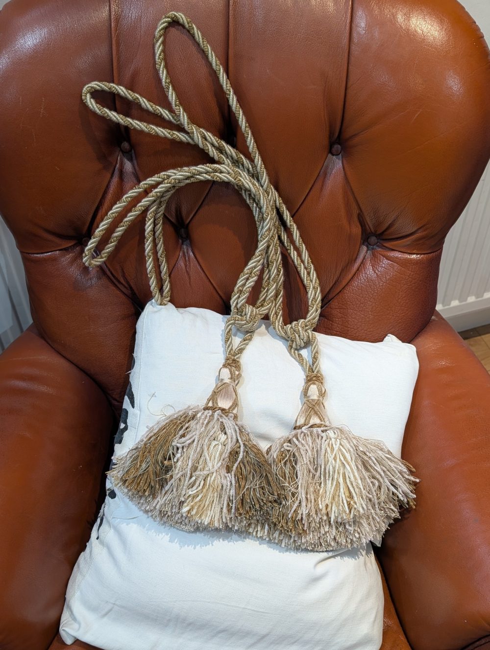 Light Gold Two-Tone Tassel Tie-Backs with interwoven gold threads - 5 Pairs Available
