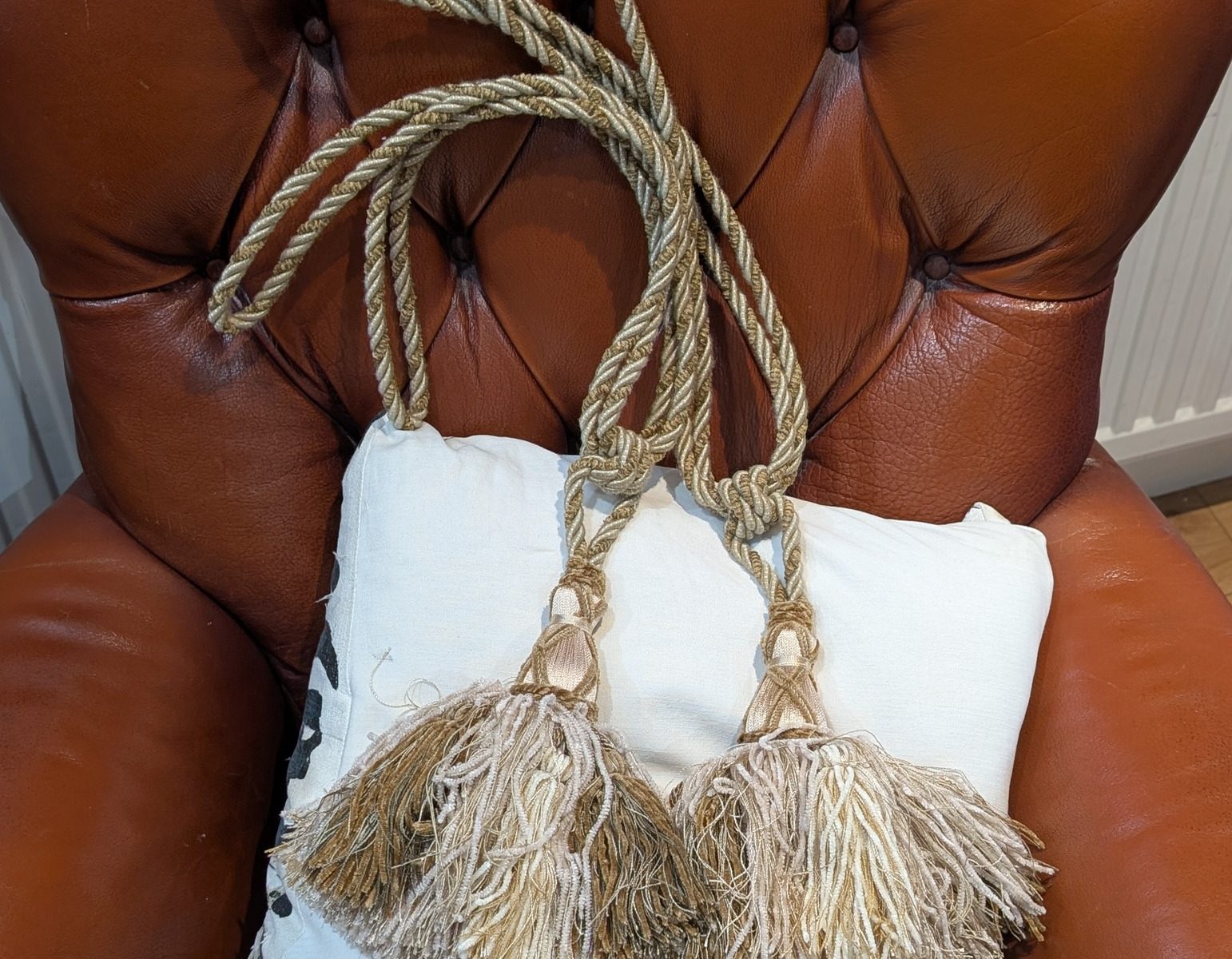 Light Gold Two-Tone Tassel Tie-Backs with interwoven gold threads - 5 Pairs Available