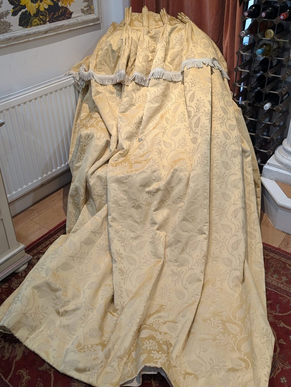 Gold Damask Second-Hand Curtains with an Attached Valance W250 D234