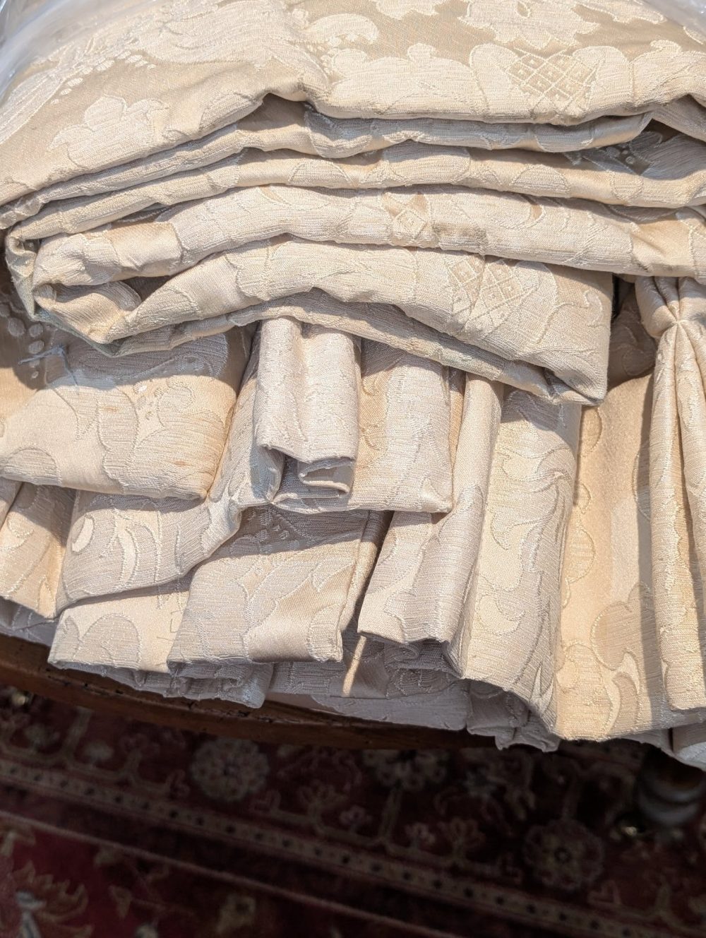 Five Pairs of Cream Damask Pinch Pleat Second-Hand Curtains - Image 6