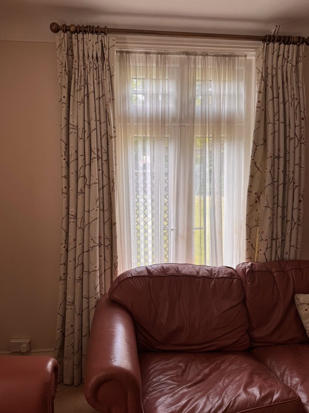 Oatmeal Japanese Cherry Blossom Pinch Pleat Second-Hand Curtains W214 D252 - 2 Pairs available - Image 3