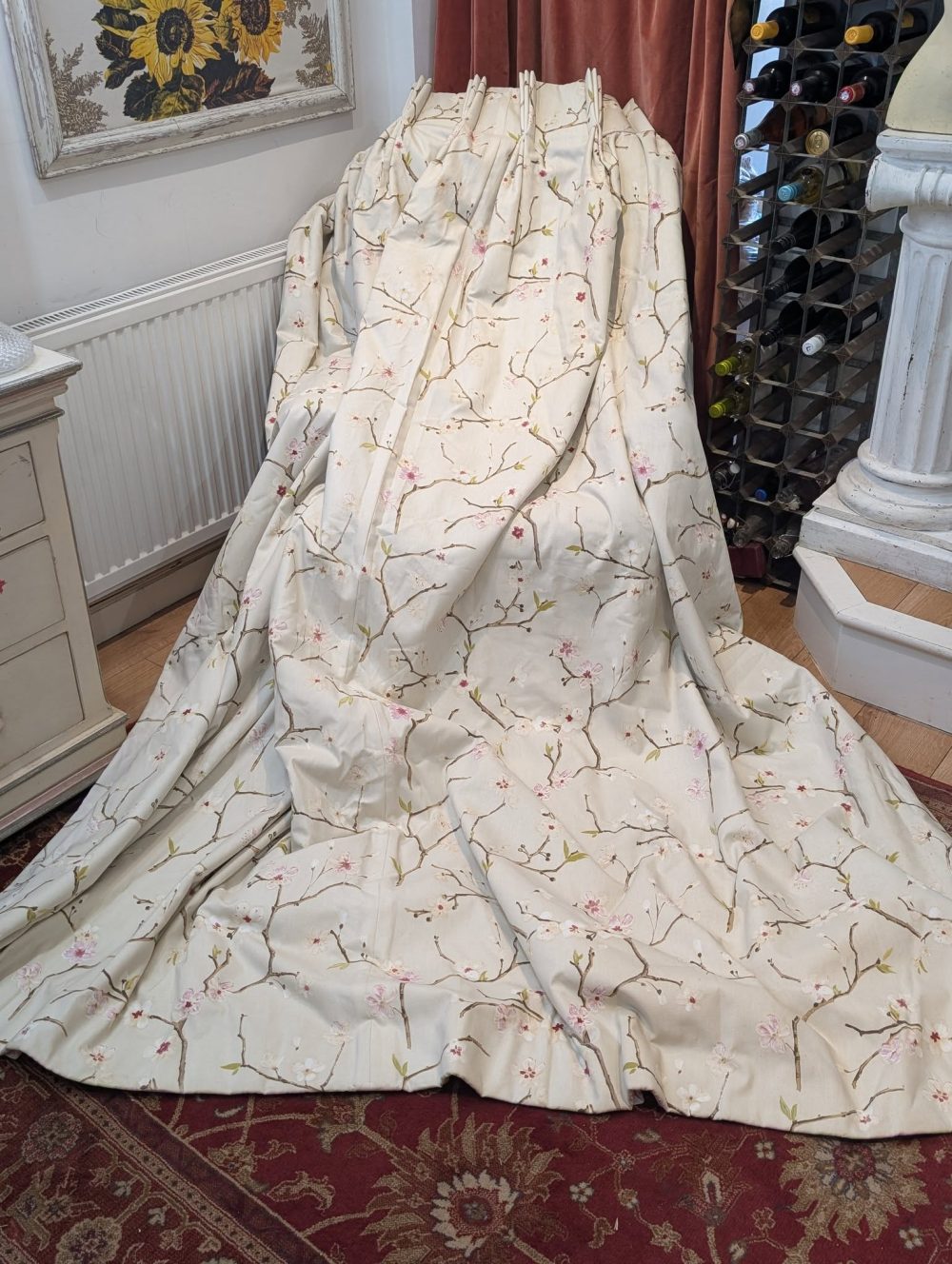 Oatmeal Japanese Cherry Blossom Pinch Pleat Second-Hand Curtains W214 D252 - 2 Pairs available