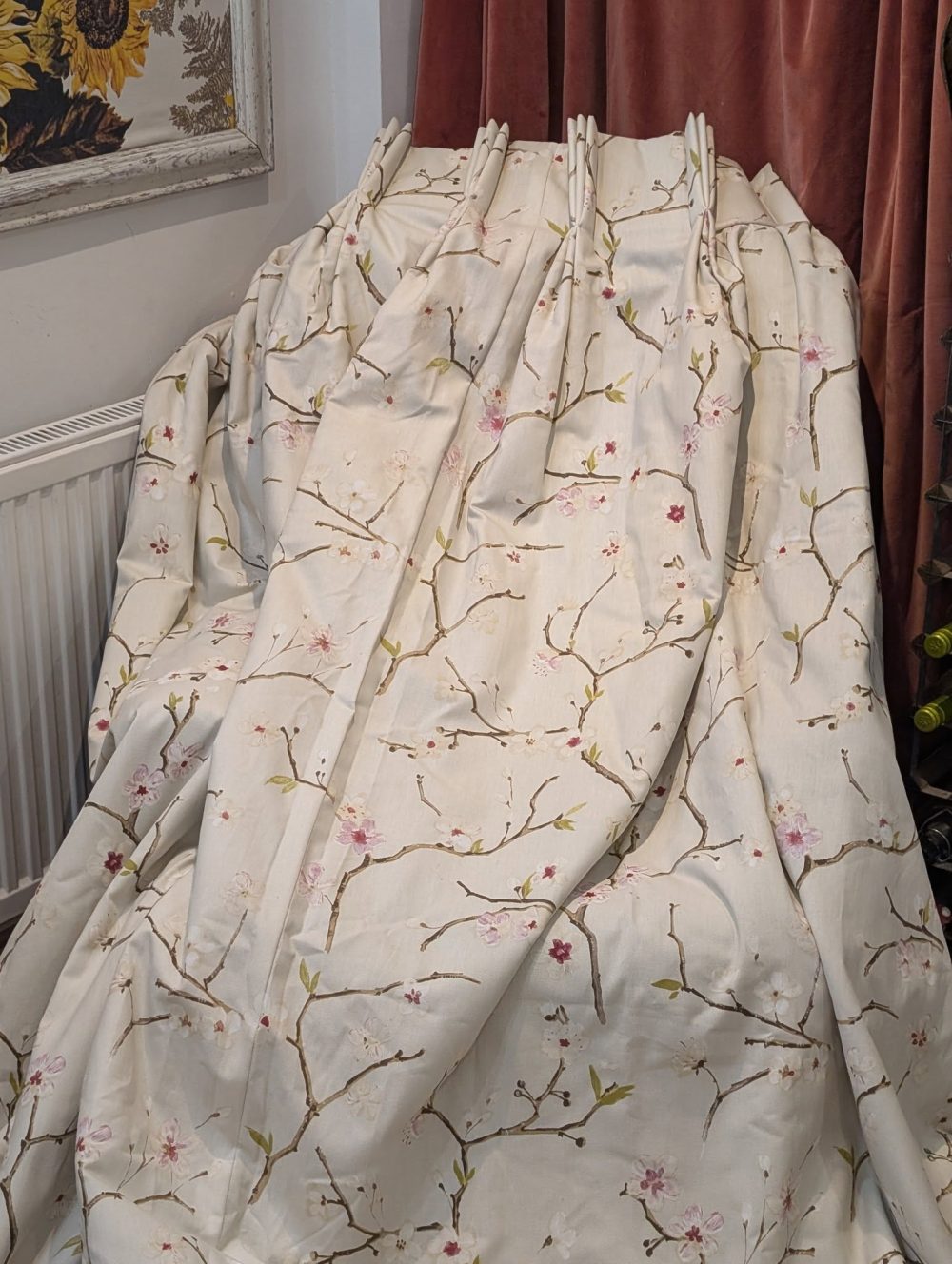 Oatmeal Japanese Cherry Blossom Pinch Pleat Second-Hand Curtains W214 D252 - 2 Pairs available - Image 5