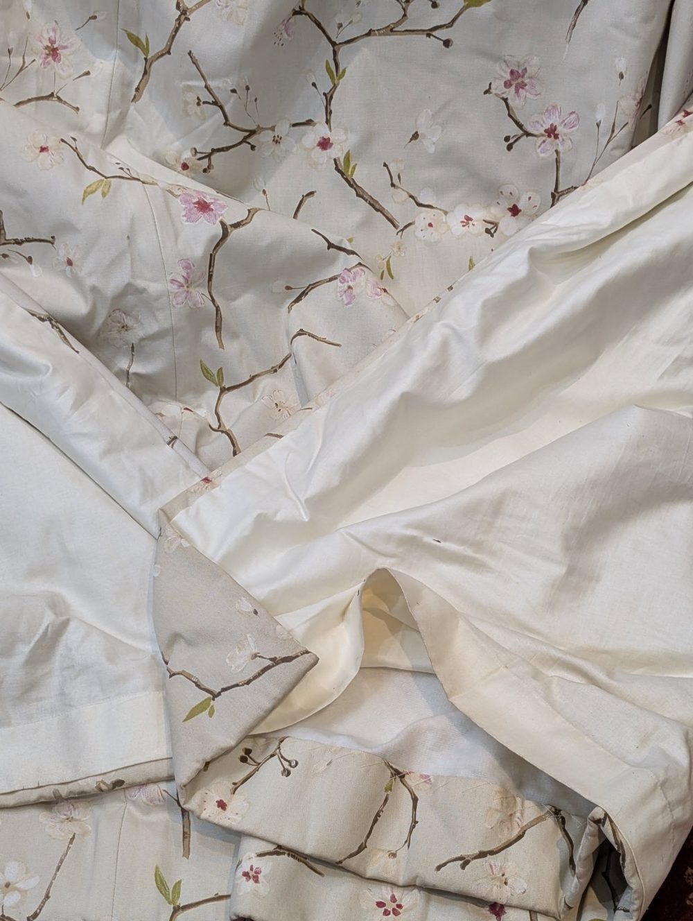 Oatmeal Japanese Cherry Blossom Pinch Pleat Second-Hand Curtains W214 D252 - 2 Pairs available - Image 6