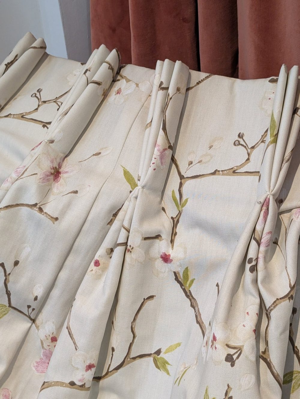 Oatmeal Japanese Cherry Blossom Pinch Pleat Second-Hand Curtains W214 D252 - 2 Pairs available - Image 7
