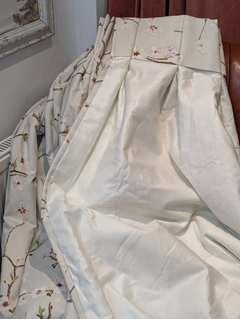 Oatmeal Japanese Cherry Blossom Pinch Pleat Second-Hand Curtains W214 D252 - 2 Pairs available - Image 8