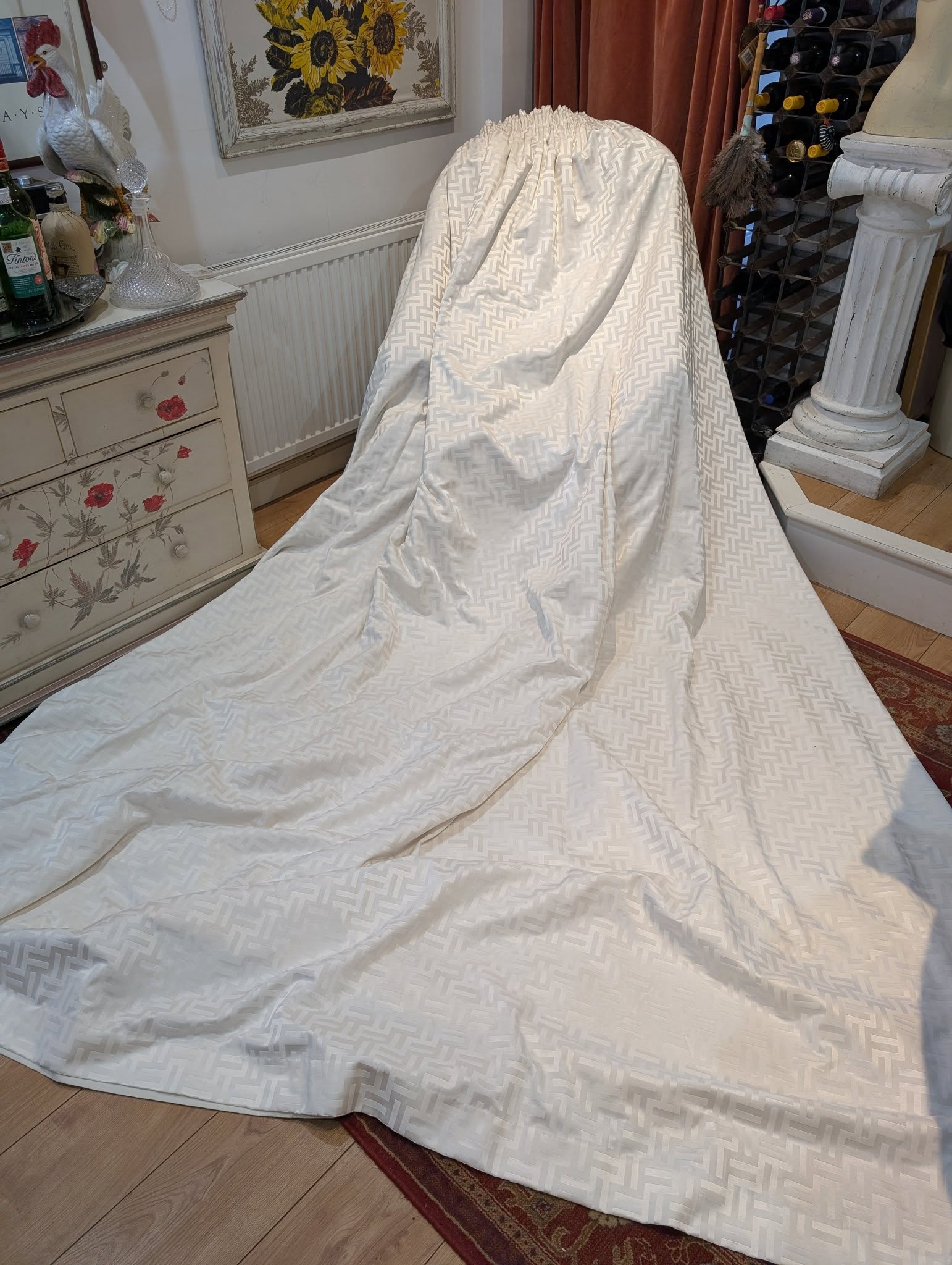 Very Long White Pencil Pleat Interlined Second-Hand Curtains W264 D320 - 2 Pairs available