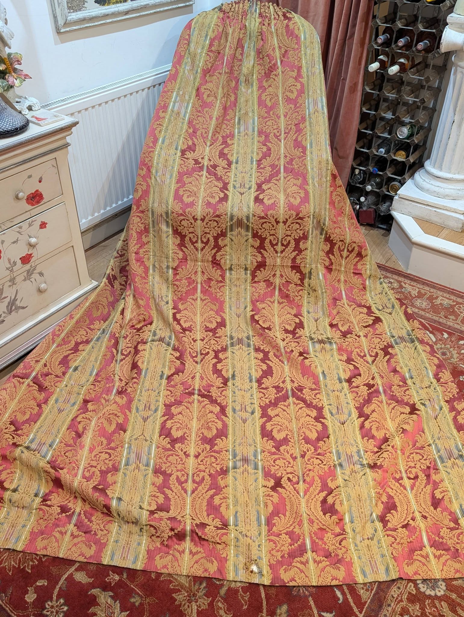 Long Red Silk Damask Pencil Pleat Second-Hand Curtains W188 D280 - 2 Pairs Available