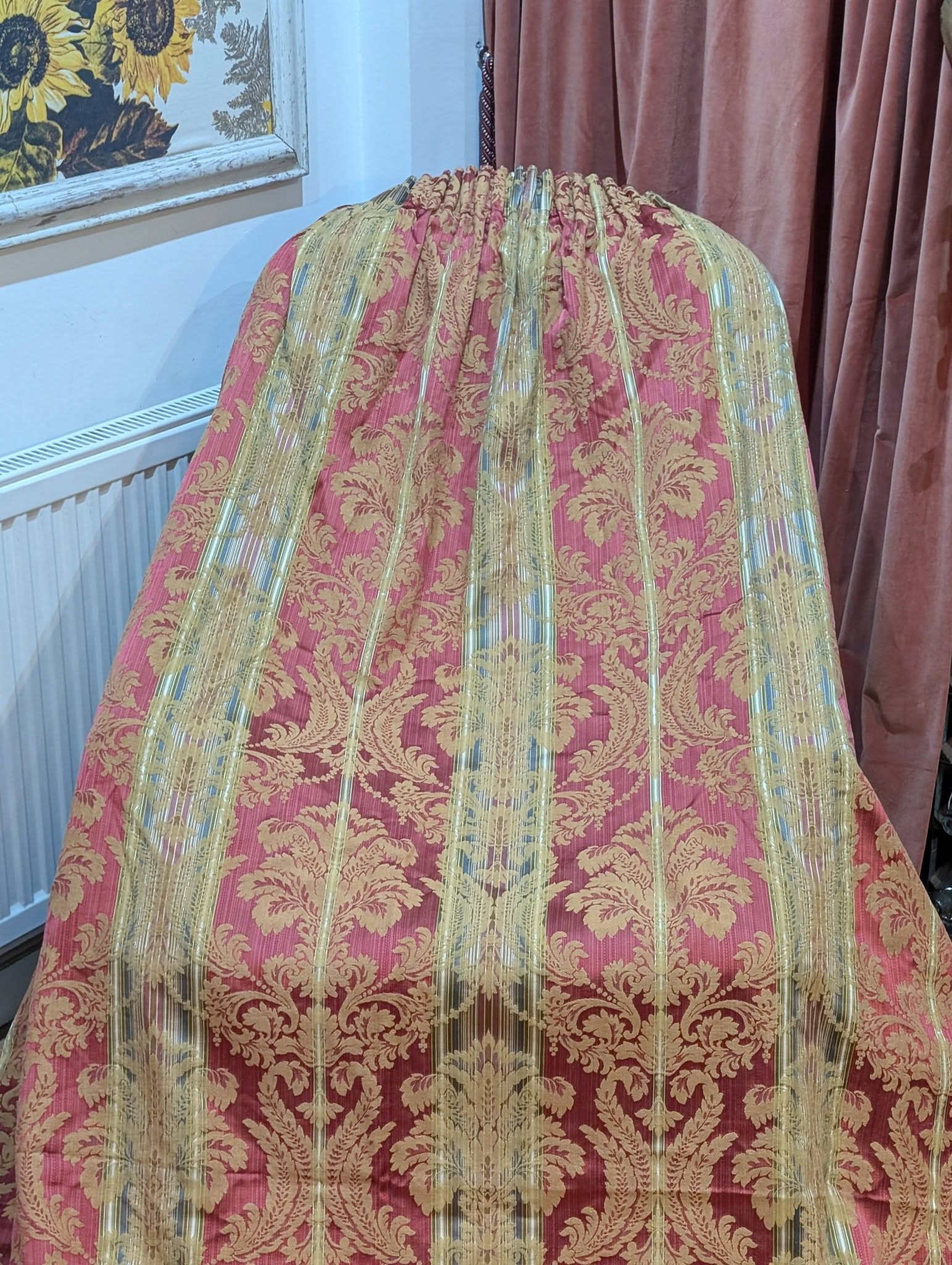 Long Red Silk Damask Pencil Pleat Second-Hand Curtains W188 D280 - 2 Pairs Available - Image 3