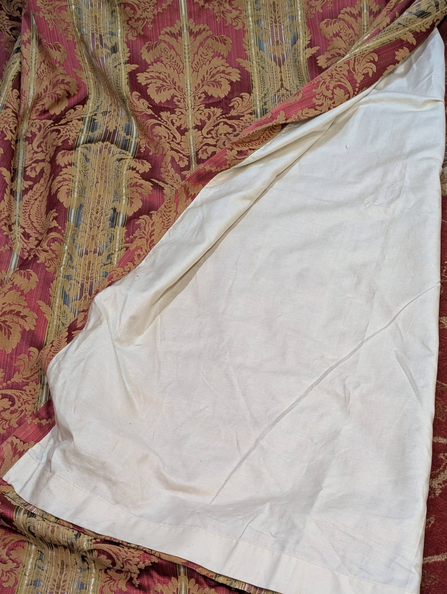 Long Red Silk Damask Pencil Pleat Second-Hand Curtains W188 D280 - 2 Pairs Available - Image 4