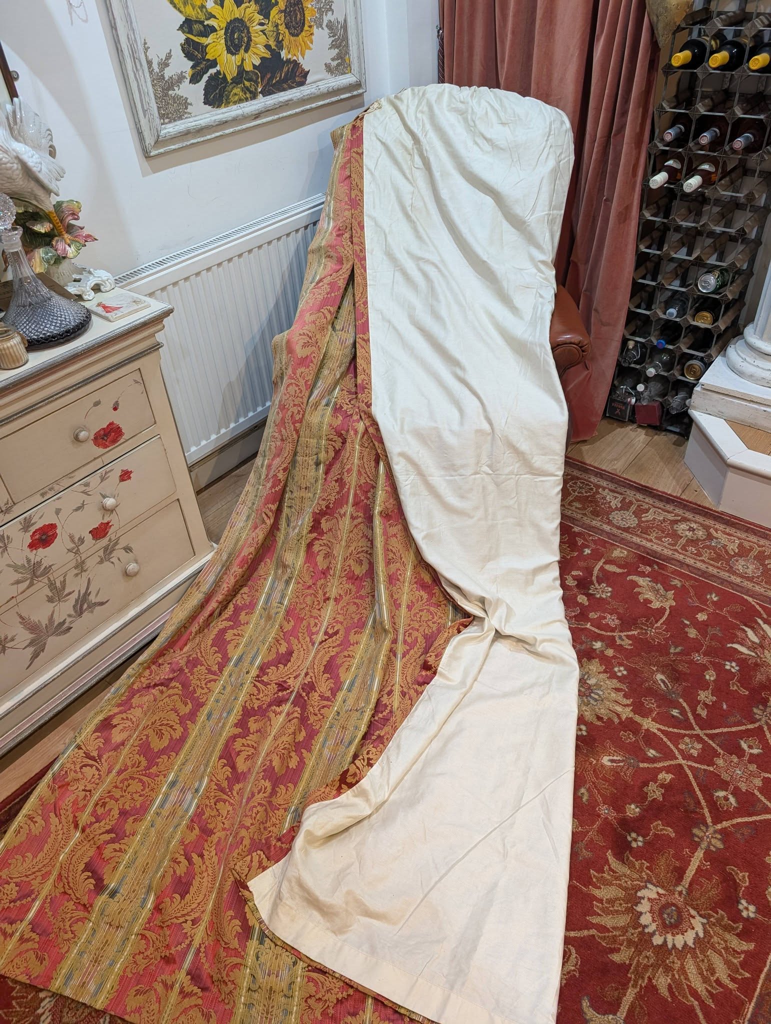 Long Red Silk Damask Pencil Pleat Second-Hand Curtains W188 D280 - 2 Pairs Available - Image 7