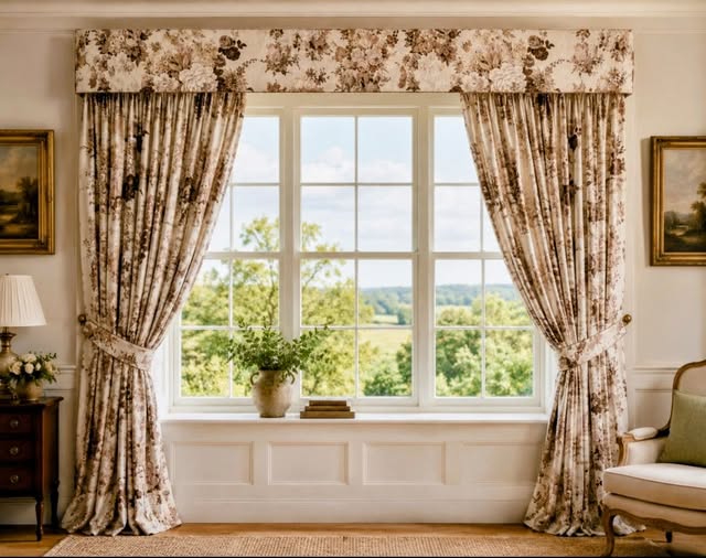 LAURA - Divinely Vintage Interiors Sunlit living room with a wide paneled window framed by floral-patterned curtains tied back, revealing a green landscape outside.