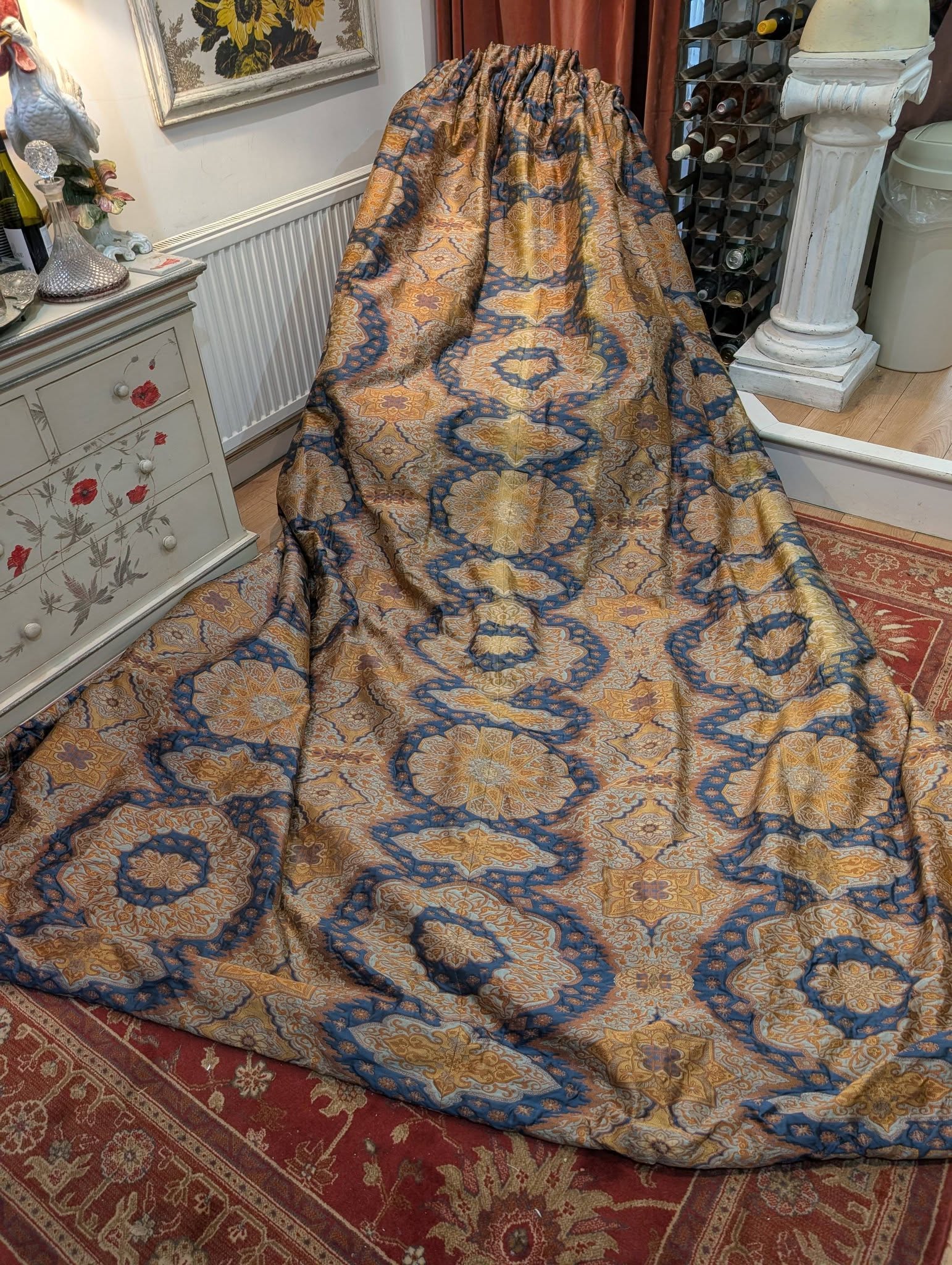 yvonne1 - Divinely Vintage Interiors Blue and Gold Heraldic Design Brocade Second-Hand Curtains W250 D297