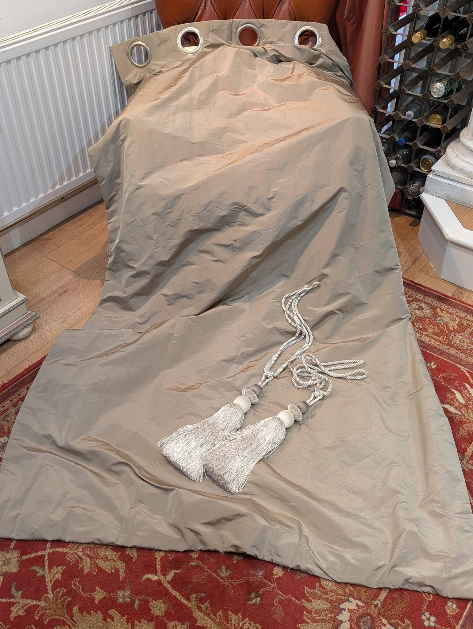 rach21 - Divinely Vintage Interiors Lovely Taupe Taffeta Interlined Eyelet Second-Hand Curtains W128 D233 - 3 Pairs Available