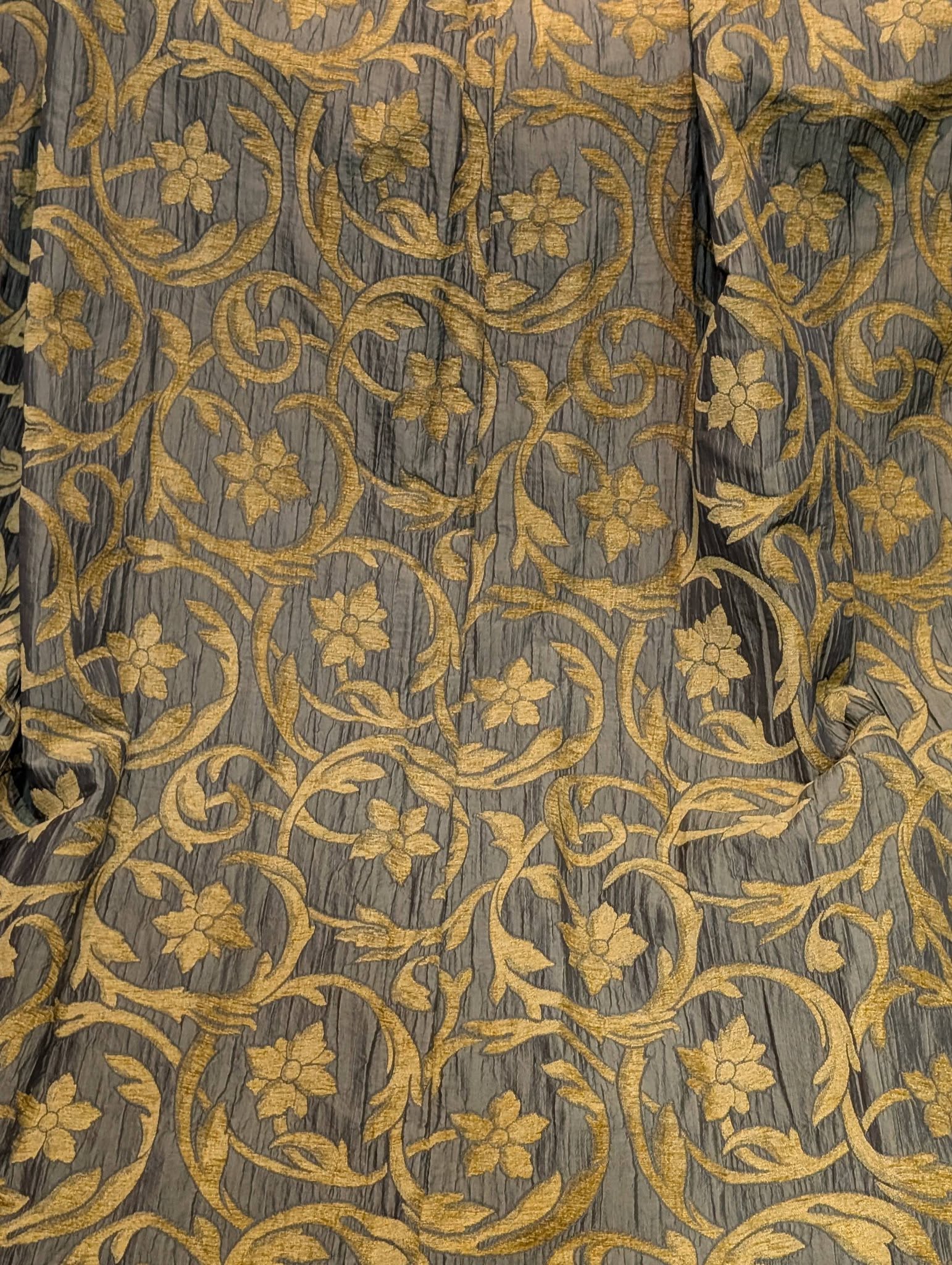 rachel2 - Divinely Vintage Interiors Gold embroidered floral damask pattern on dark gray fabric used for upholstery.