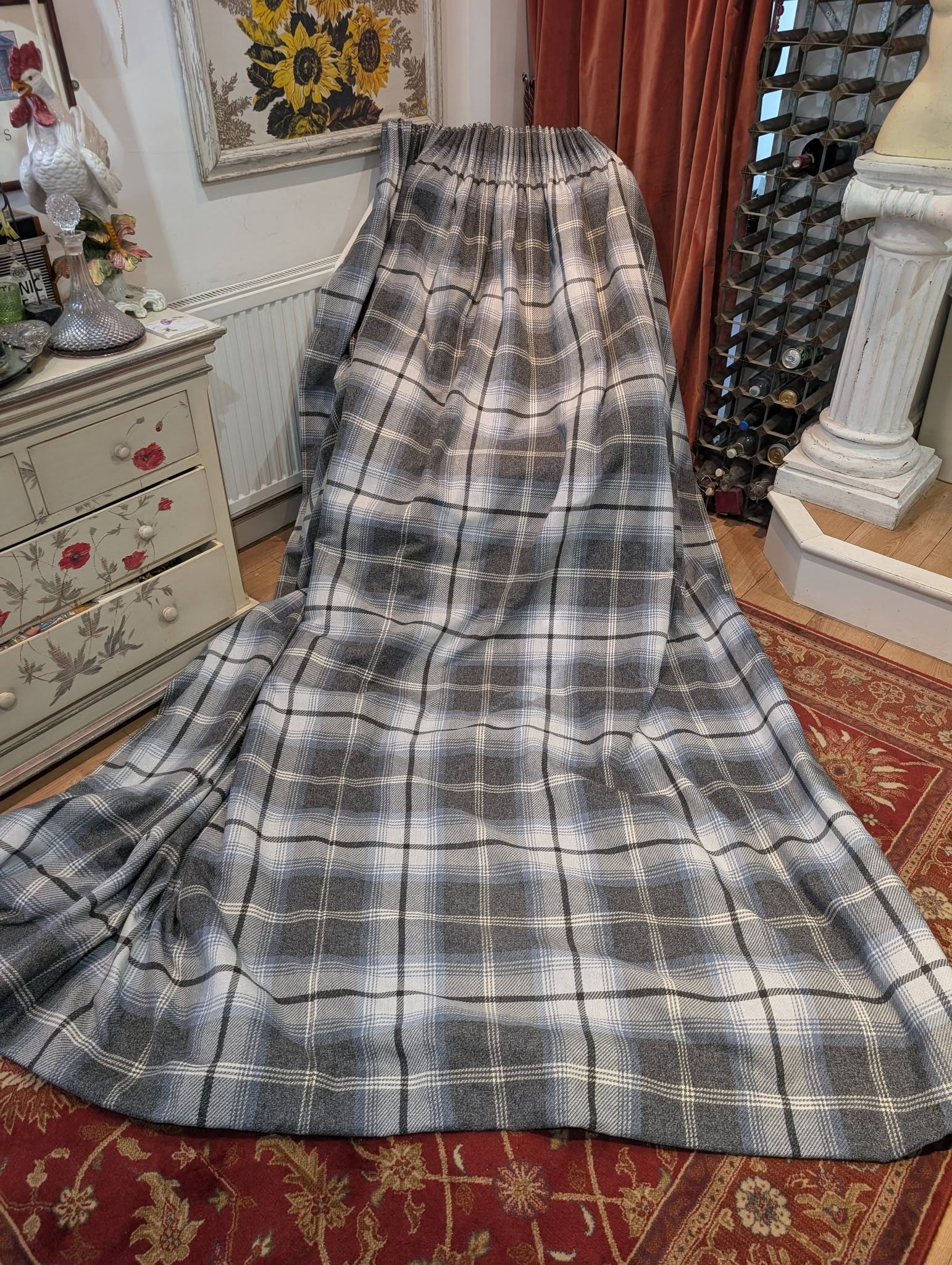 richard1 - Divinely Vintage Interiors Fabulous Long Grey Tartan Pencil Pleat Second-Hand Curtains W250 D282