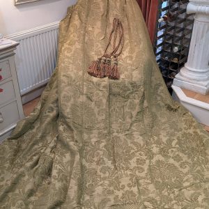Lovely Vintage Green Damask Pinch Pleat Second-Hand Curtains W214 D26054 - 2 Pairs Available