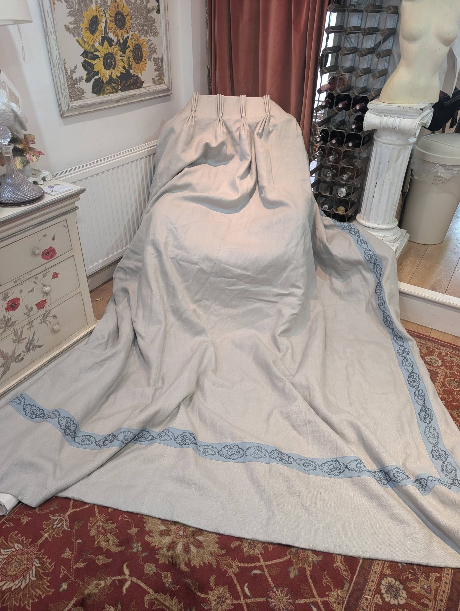 hannah11 - Divinely Vintage Interiors Wide Grey Linen Pinch Pleat Blackout Second-Hand Curtains W350 D268