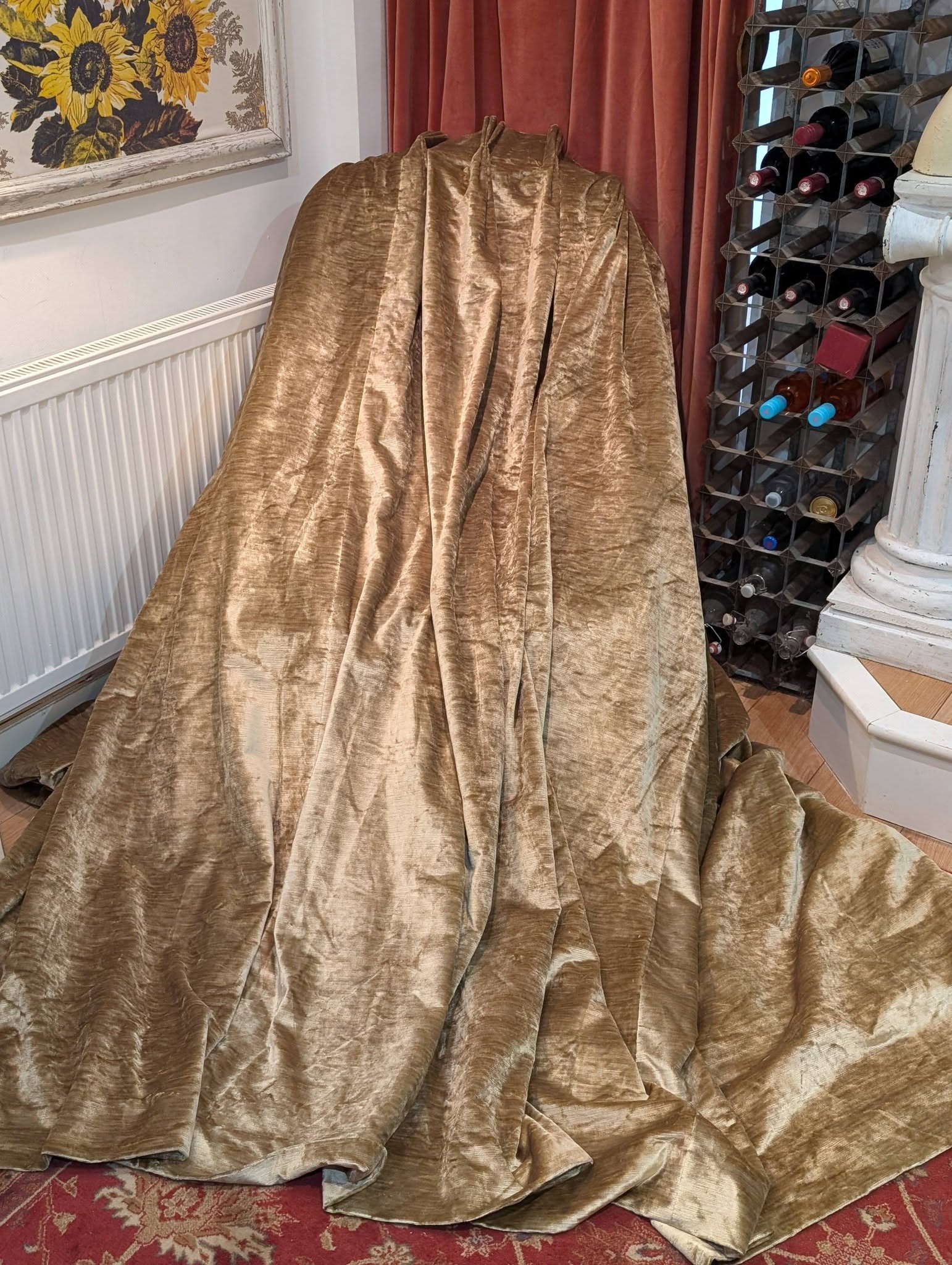 judith1 - Divinely Vintage Interiors Very Wide Green/Gold Velvet Pinch Pleat Second-Hand Curtains W406 D221
