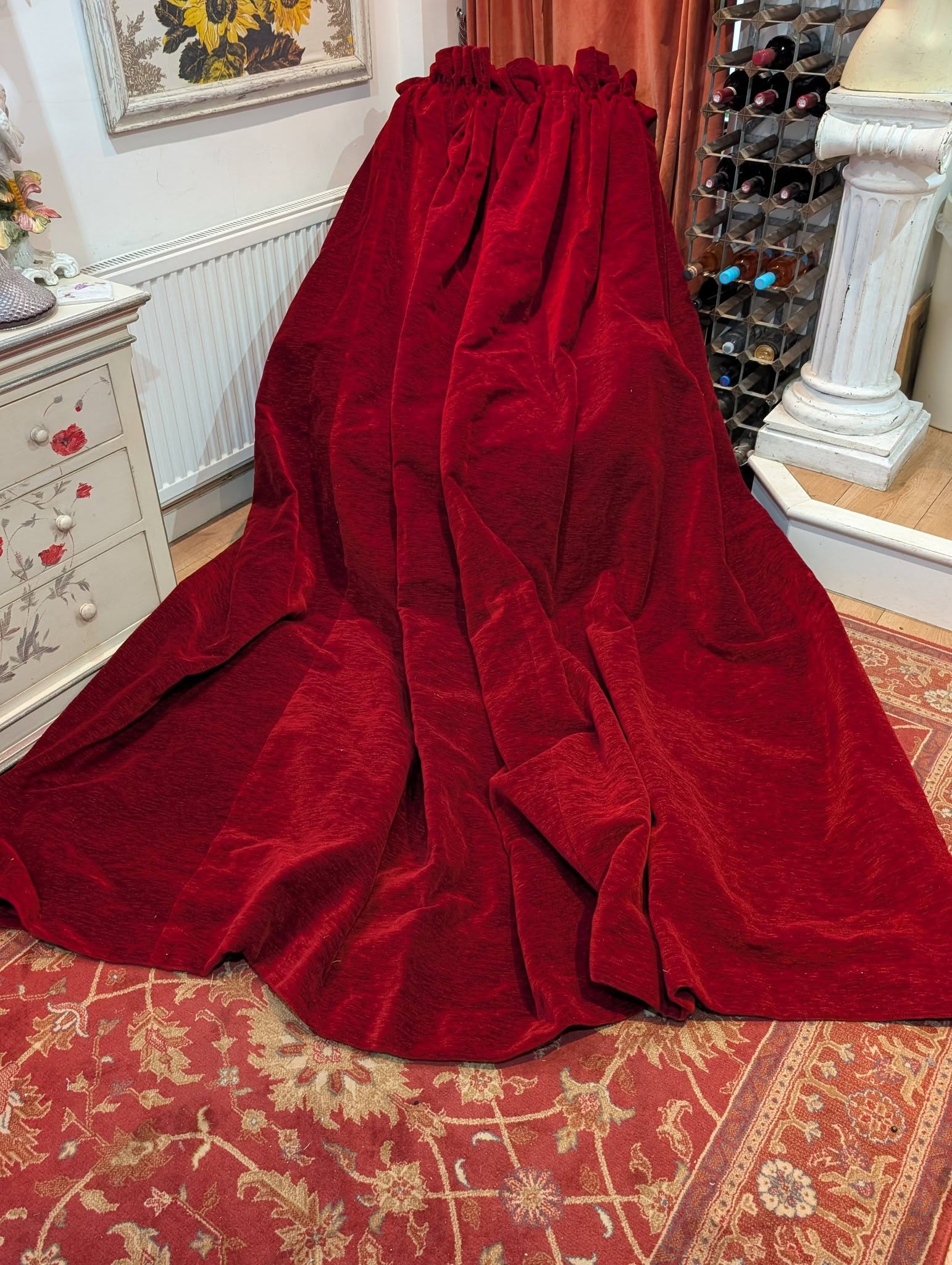red1 - Divinely Vintage Interiors Single Vintage Red Chenille Tape Top Second-Hand Curtain W187 D249