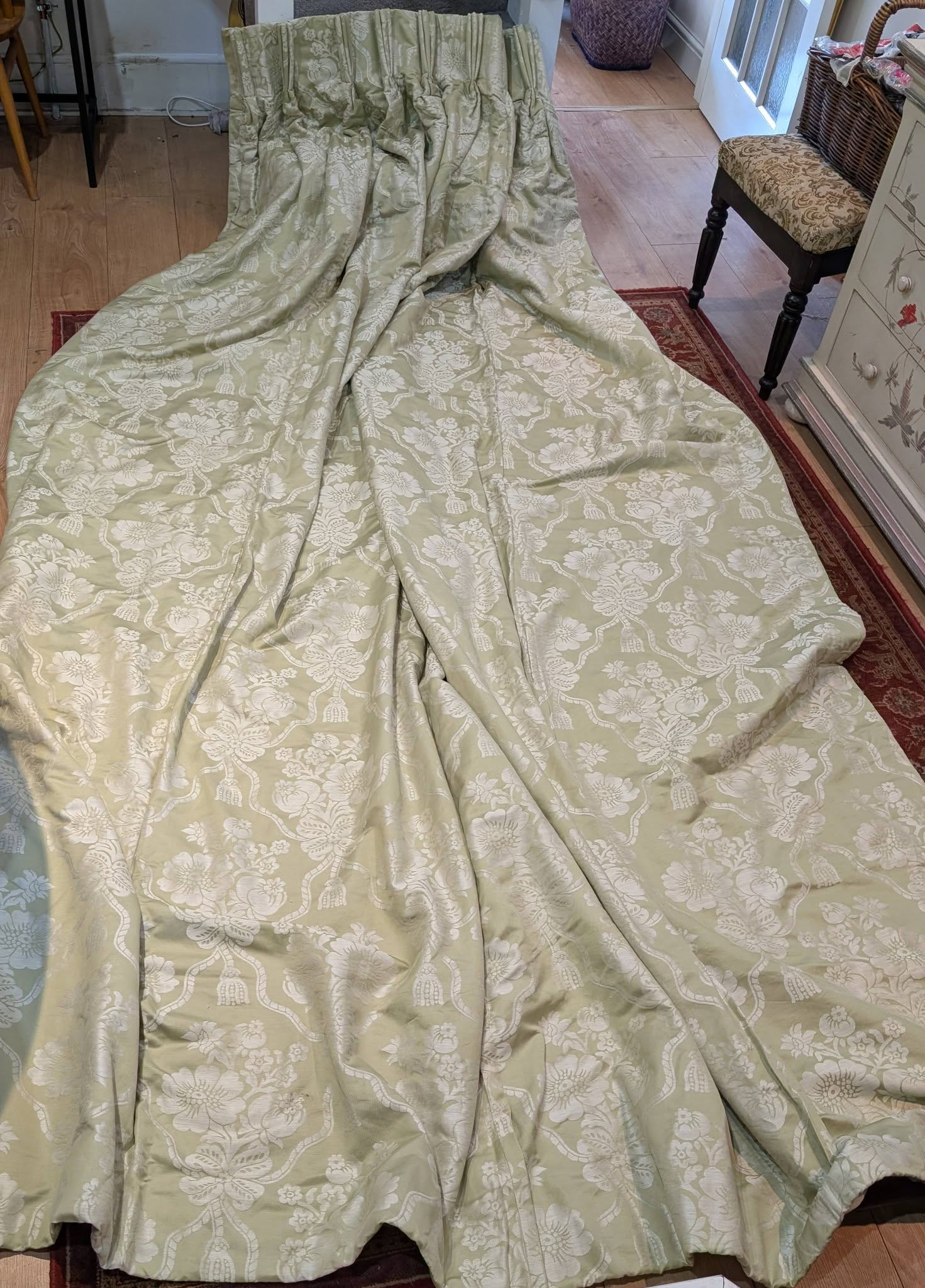 bed1 - Divinely Vintage Interiors Very Long Linen Damask Pinch Pleat Second-Hand Curtains